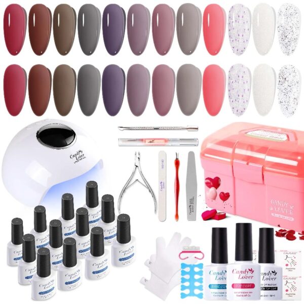 Candy Lover Gel Nail Polish Kit with UV LED Lamp, 12 Colors Cute Lady Gel Polish Starter Kit, All-in-One Quick Dry Soak Off Nail Gel Manicure Kit with DIY Tools Valentine Gift for Women