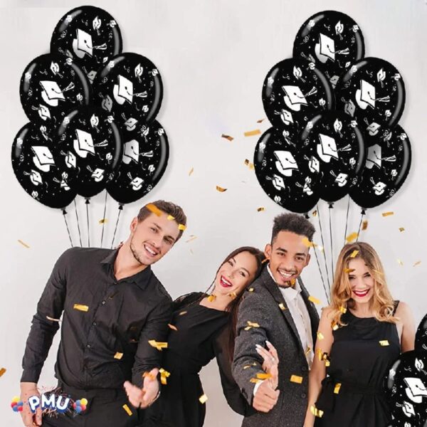 PMU Graduation Balloons 11 Inch PartyTex Premium Emerald Green with All-Over Print White Grad Caps-Confetti and Streamers Pkg/100