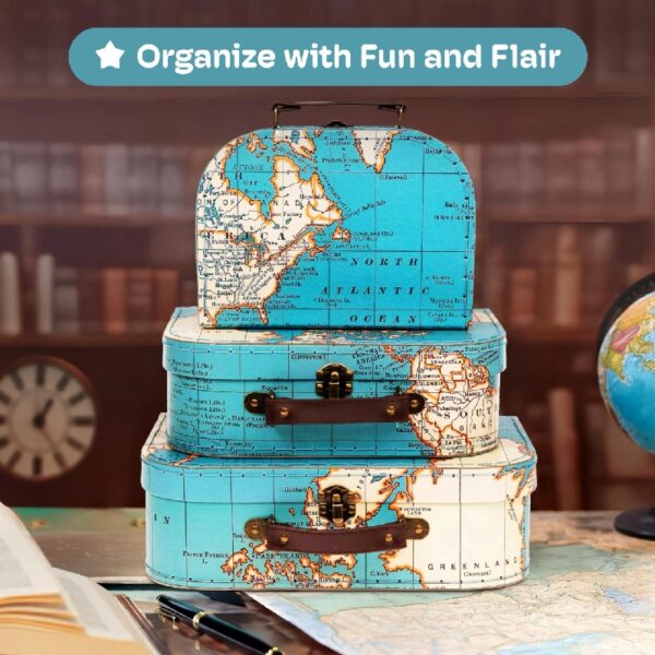 Jewelkeeper Paperboard Suitcases, Set of 3 Decorative Storage Boxes, Vintage Luggage for Birthdays, Weddings, World Map Design