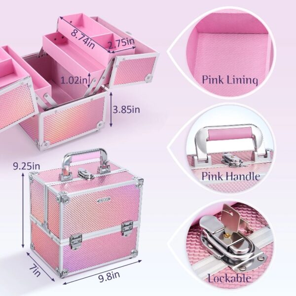 4 Trays Makeup Train Case Cosmetic Storage with Dividers Lockable Jewelry Makeup Box Organizer Pink