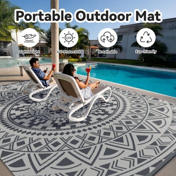 Outdoor Rugs 5' x 8' Rug, Waterproof Patio Mat, Stylish Plastic Straw Reversible Area Rug for Picnic RV Camping Porch Balcony, Black and White