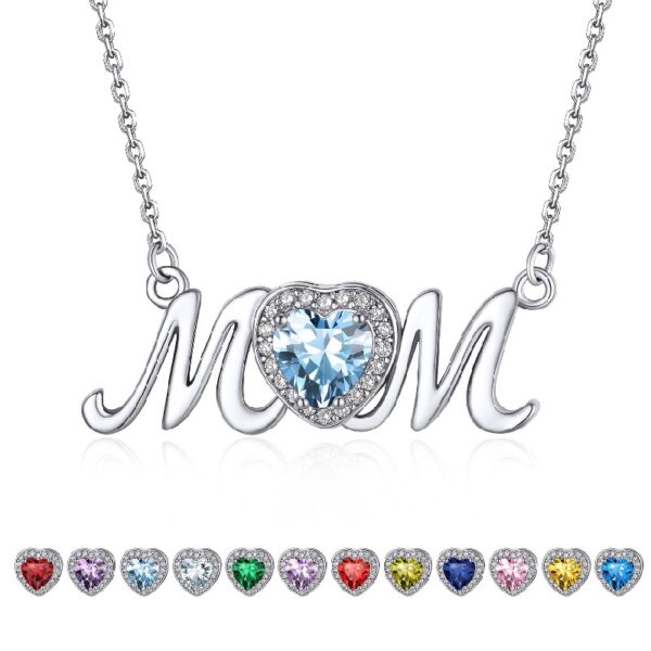 Bestyle S925 Sterling Silver Necklace for Mom Grandma Shiny CZ Heart Pendant Necklace March Created Aquamarine Birthstone Jewelry Mother's Day Gift