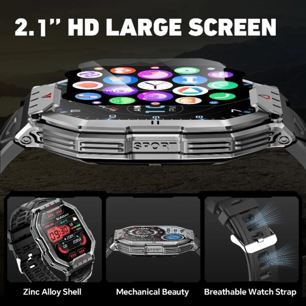 2.1-inch AMOLED Men Military Smartwatch，with Fitness Tracker/ Answer Make Calls /100+ Sport Modes/1ATM Waterproof, Mountain Travel Pedometer Watch fits for Android and Iphone Devices (Black)