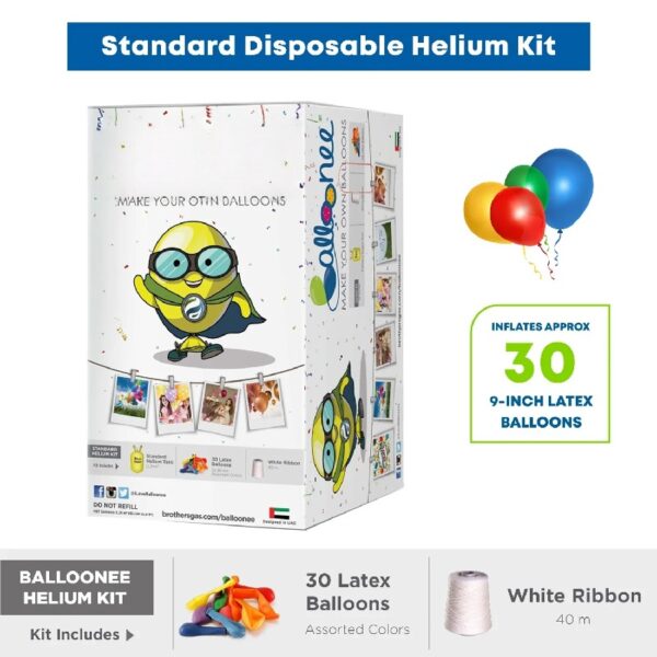 Balloonee Standard Disposable Helium Party Kit, Helium Tank for Balloons At Home, 7 Cu Ft Helium Balloon Pump Kit with 30 Assorted Latex Balloons