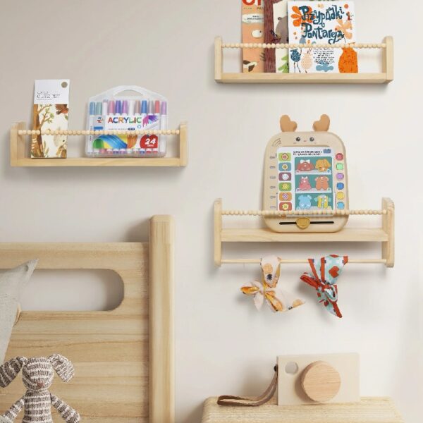 Nursery Floating Shelves for Wall Set of 3 16in, Kids Bookshelf Toy Storage Organizer Natural Wood Shelves Wall Mounted for Kids Room, Bedroom and Kitchen