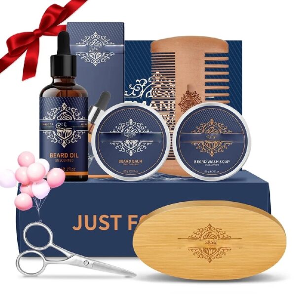 Beard Care Kit, Beard Grooming & Trimming Kit for Men Care, Beard Oil & Balm, Beard Wash Soap, Mustache Scissors, Beard Comb & Brush