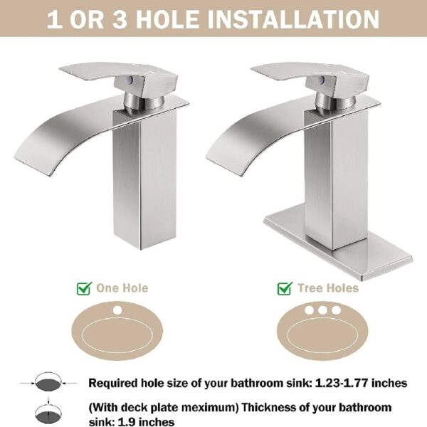 Brushed Nickel Waterfall Bathroom Faucet Lavatory Single Handle 1 or 3 Hole Bathroom Sink Faucet Washbasin Faucet with Deck and Pop-up Drain