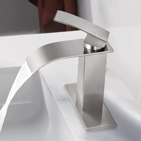 Brushed Nickel Waterfall Bathroom Faucet Lavatory Single Handle 1 or 3 Hole Bathroom Sink Faucet Washbasin Faucet with Deck and Pop-up Drain