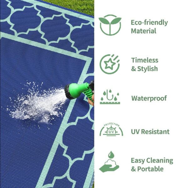 Outdoor Rugs Waterproof Plastic Straw Mat 6'x9' Reversible Patio Deck Beach Blue & White