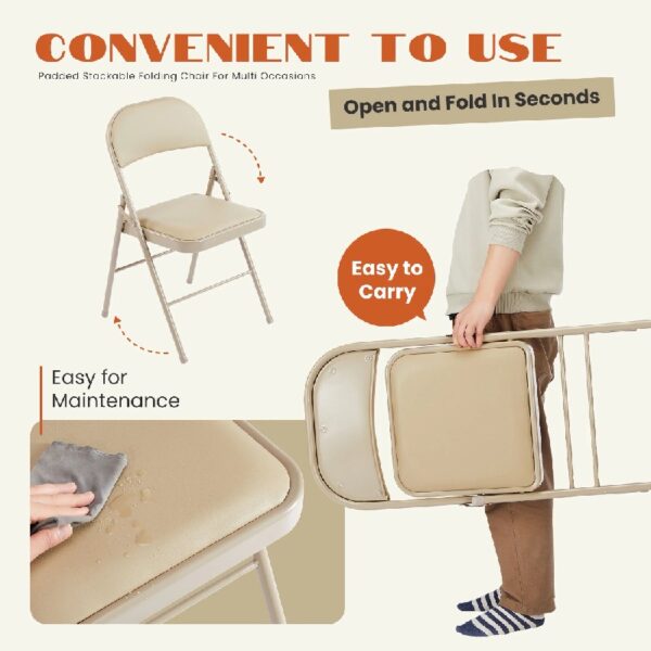 Folding Chair 2 Pack, Convenient Leather Padded Folding Chairs, Outdoor and Indoor, Khaki