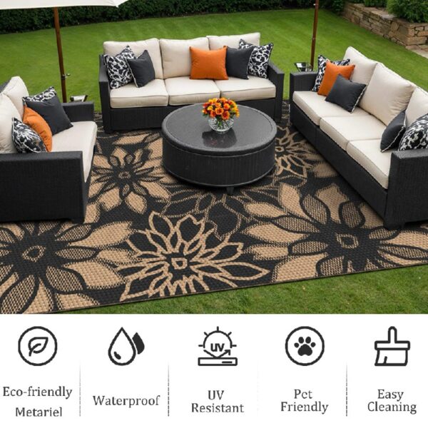 6'x 9' Outdoor Rug Plastic Waterproof Outside Foldable Mat UV Resistant Patio RV Deck Carpet,Black Brown