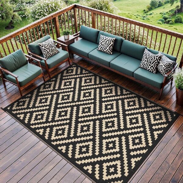 Outdoor Rugs Waterproof Plastic Straw Mat 6'x9' Reversible for RV Patio Deck Beach Black & Brown
