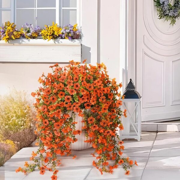 4PCS Artificial Flowers outdoor Spring Summer Decor Fake Hanging Plants UV Resistant Faux Plastic Greenery Hanging Flowers for Outside Gardens Porch Wall Home Indoor,ORANGE&YELLOW