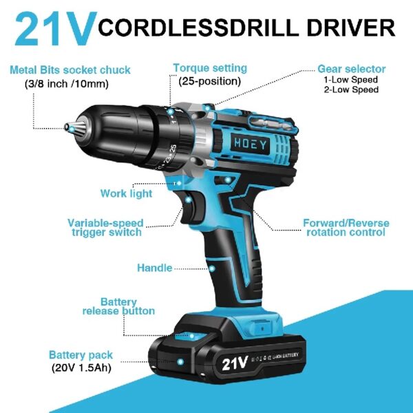 21V Cordless Drill Set, Electric Power Drill 34Pcs with 3/8 Inch Keyless Chuck, 25+3 Clutch Compact Driver Drill with Work Light, Max torque 45Nm, 2-Variable Speed & Battery and Fast Charger