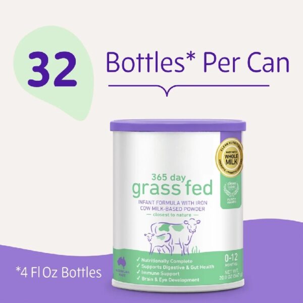 365 Day Grass Fed Whole Milk Powder Baby Formula with Iron for 0 to 12 Months, 20 oz Canister