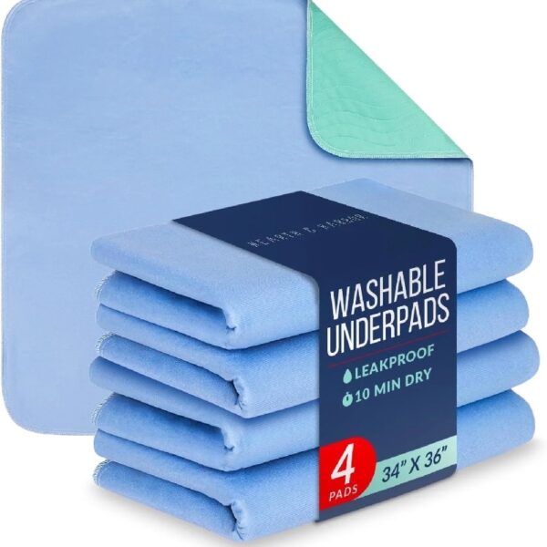 4 Pack 36” x 34” Extra Heavy Absorbency Washable Underpads, Waterproof Nursing Pads Incontinence Bed Pads, Reusable Washable Pee Pads for Dogs, Diaper Changing & Adults, Mattress Protector