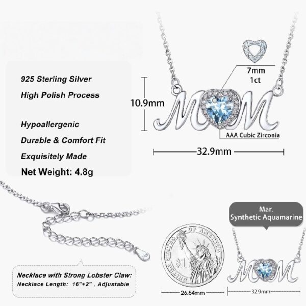 Bestyle S925 Sterling Silver Necklace for Mom Grandma Shiny CZ Heart Pendant Necklace March Created Aquamarine Birthstone Jewelry Mother's Day Gift