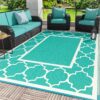 Outdoor Rugs Waterproof Plastic Straw Mat 6'x9' Reversible Patio Deck Beach Blue & White