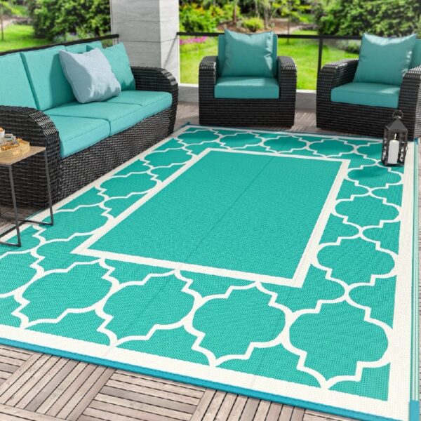 Outdoor Rugs Waterproof Plastic Straw Mat 6'x9' Reversible Patio Deck Beach Blue & White