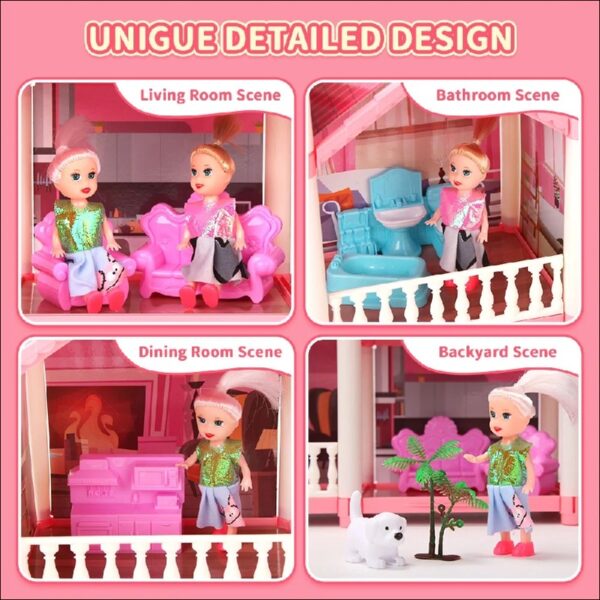 DollHouse with Colorful Light, Pretend Play Toddler Doll House Furniture Sets with 3 Dolls, 9 Rooms DIY , Creative Gift for Girls