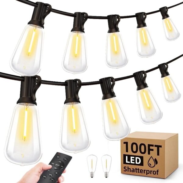 Outdoor String Led Patio Lights, 100Ft Waterproof Light 28 Bulbs+2 Spares with Remote Dimmable ST38 Shatterproof Bulb, Hanging Outdoor Electric Lighting for Backyard Yard Porch Party