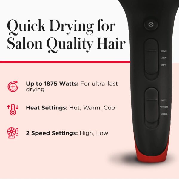 Smoothstay Coconut Oil-Infused Ceramic Hair Dryer with Diffuser, Black