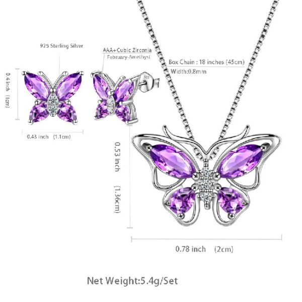 Purple Butterfly Jewelry Amethyst February Birthstone Jewelry Set Fine Necklace/Earrings 925 Sterling Silver Women Birthday Mother's Day Gifts