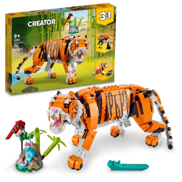 Creator 3 in 1 Majestic Tiger Building Set, Transforms from Tiger to Panda or Koi Fish Set, Animal Figures, Collectible Building Toy, Gifts for Kids, Boys & Girls 9 Plus Years Old, 31129