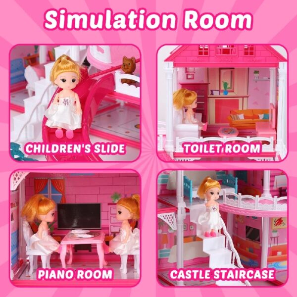 DollHouse with Colorful Light, Pretend Play Toddler Doll House Furniture Sets with 3 Dolls, 9 Rooms DIY , Creative Gift for Girls