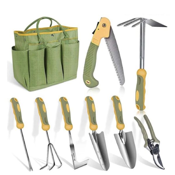 Garden Tool Set, 9 Piece Stainless Steel Rust-Proof Heavy Duty Gardening Tools with Non-Slip Rubber Handle, Durable Garden Tool Bag, Ideal Gardening Gifts for Women and Men
