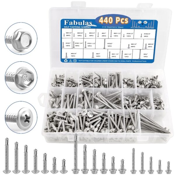440 Pcs Self Tapping Screws for Metal, 410 Stainless Steel Sheet Metal Screws 1/2