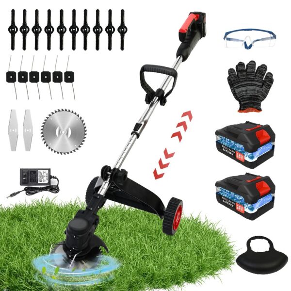 24V Black Electric Weed Eater Lawn Edger Cordless Grass String Trimmer Cutter + 2 Batteries & 3 Types Blades