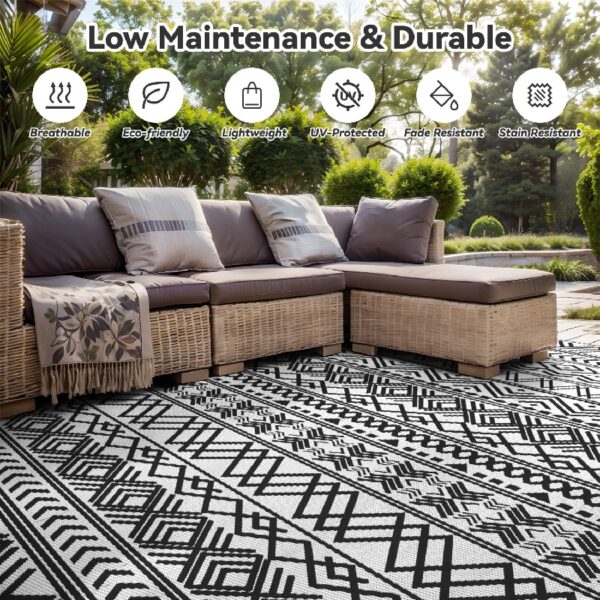 Outdoor Rug 6'x9' Waterproof Reversible Patio Rug Boho Geometric Indoor Outdoor Rugs Lightweight Plastic Straw Ourdoor Carpet for RV Camping Deck Balcony Modern Porch Decor Black and White
