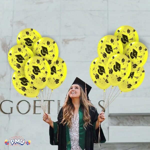 PMU Graduation Balloons 11 Inch PartyTex Premium Emerald Green with All-Over Print White Grad Caps-Confetti and Streamers Pkg/100