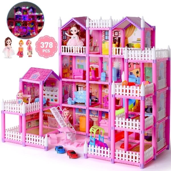 DollHouse with Colorful Light, Pretend Play Toddler Doll House Furniture Sets with 3 Dolls, 9 Rooms DIY , Creative Gift for Girls