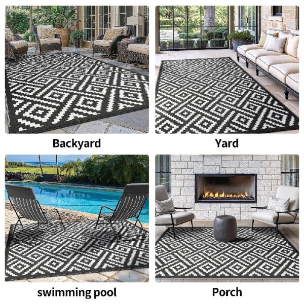 6'x9' Outdoor Rugs Patio Waterproof Outside Mat Reversible Plastic Camping Carpet,Black & Grey