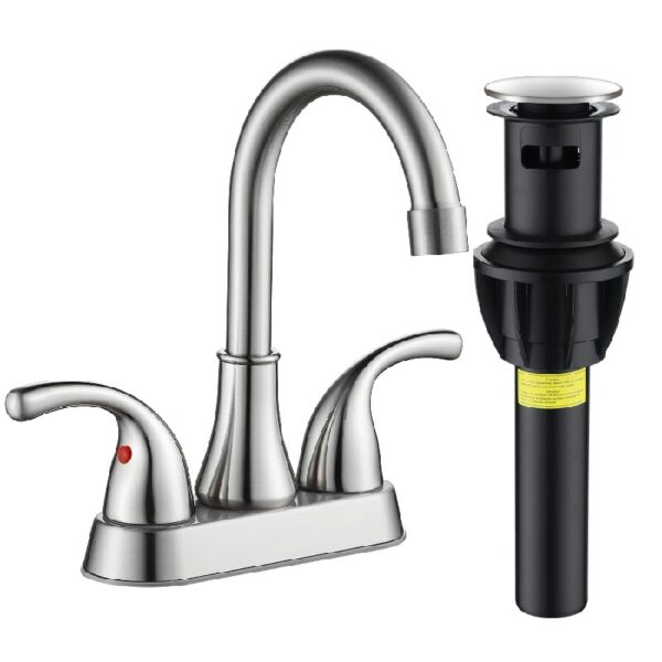 4 Inch Faucet 2 Handle Bathroom Sink Faucet Lead-Free Brushed Nickel Bath Sink Faucet with Pop-up Drain Stopper and Supply Hoses