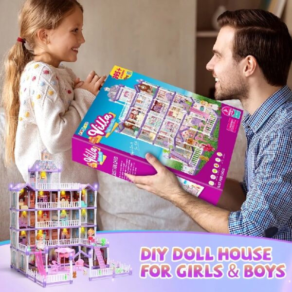 Doll House for Girls, 5-Story 19 Rooms Huge Dollhouse Playset with LED Lights, 2 Dolls, Furnitures, Accessories, DIY Pretend Play House Toys Gifts for Kids, Pink