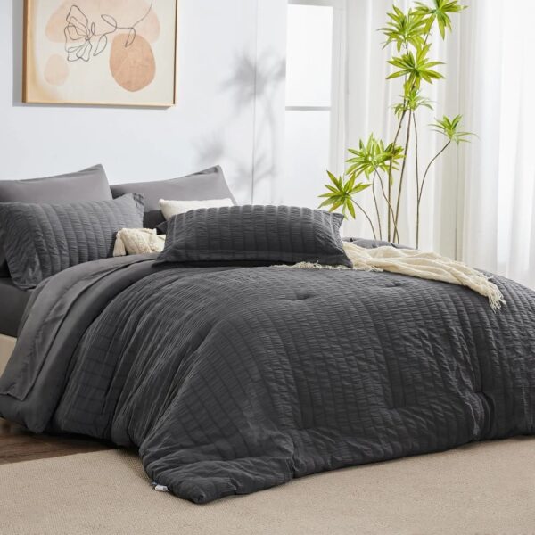 Queen Seersucker Comforter Set with Sheets Dark Grey Bed in a Bag 7-Pieces All Season Bedding Sets with Comforter, Pillow Sham, Flat Sheet, Fitted Sheet, Pillowcase