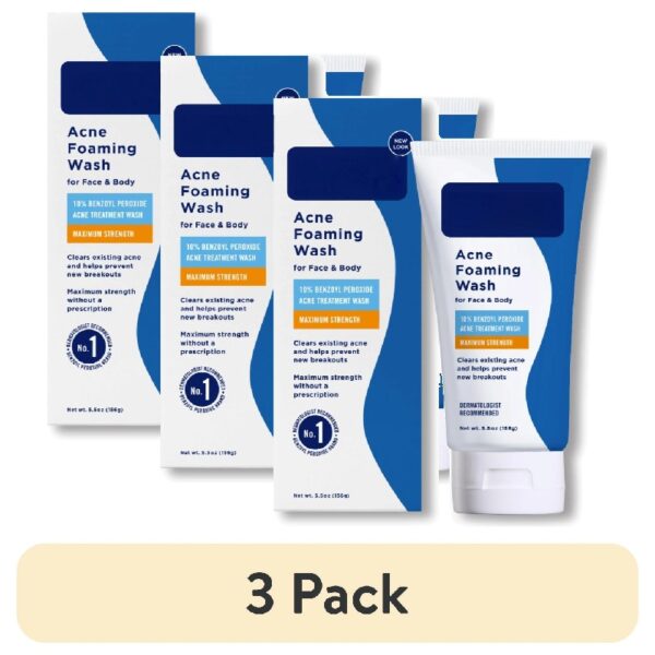 (3 pack) Foaming Acne Wash, 10% Benzoyl Peroxide, Maximum Strength - 5.5 oz