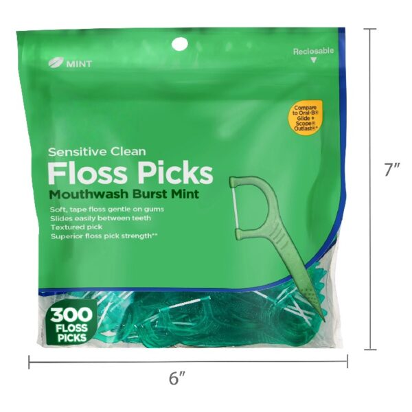 (3 pack) Sensitive Clean Floss Picks, Mouthwash Burst Mint Flavor (300 Count), Compare to Oral-B® Glide + Scope® Outlast®