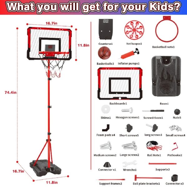 2-in-1 Kid Basketball Hoop with LED Lights & Scoreboard & 3 Balls, Toddler Basketball Hoop Adjustable Height 5.1ft-6.2ft, Basketball Toy Gifts for Boys & Girls