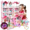 Play Dollhouse with Doll Toy Figures, 14 Rooms Furniture and Colorful Lights, Creative Doll House Gift for Girls Ages 3+, Assemble Required, Pink