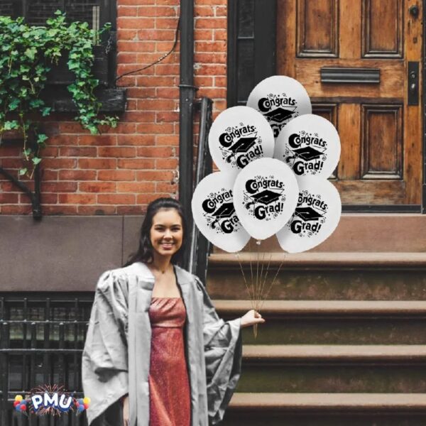 PMU Graduation Balloons 11 Inch PartyTex Premium Emerald Green with All-Over Print White Grad Caps-Confetti and Streamers Pkg/100