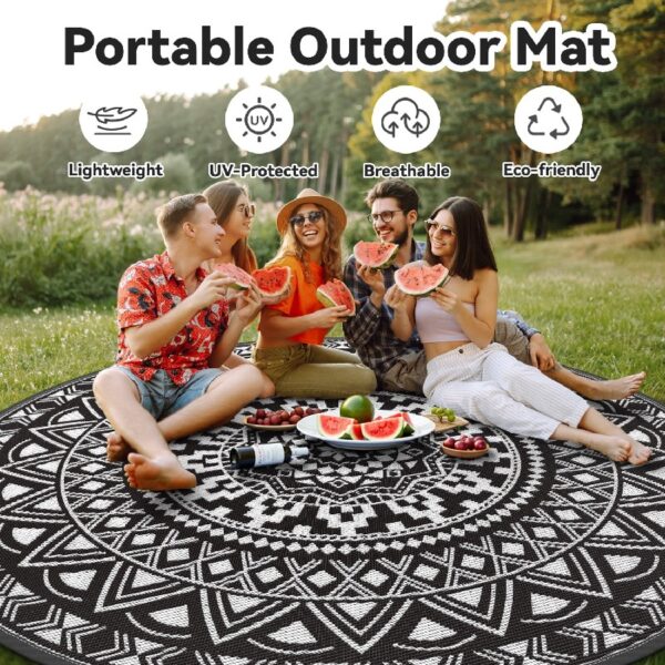Outdoor Rugs 5' x 8' Rug, Waterproof Patio Mat, Stylish Plastic Straw Reversible Area Rug for Picnic RV Camping Porch Balcony, Black and White