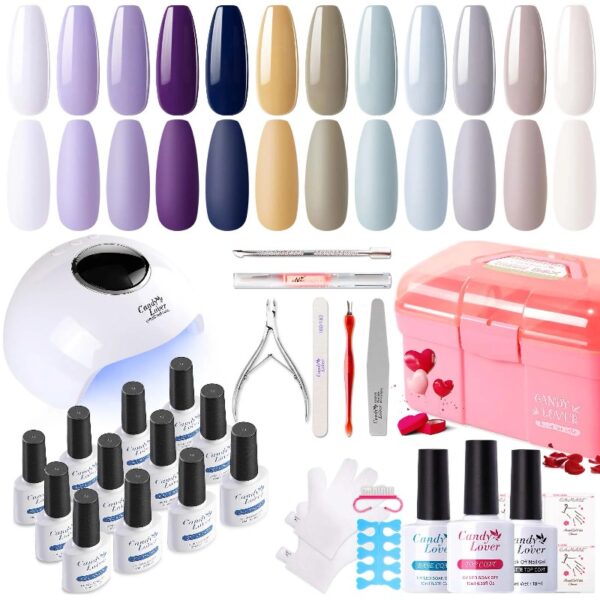 Candy Lover Gel Nail Polish Kit with UV LED Lamp, 12 Colors Cute Lady Gel Polish Starter Kit, All-in-One Quick Dry Soak Off Nail Gel Manicure Kit with DIY Tools Valentine Gift for Women