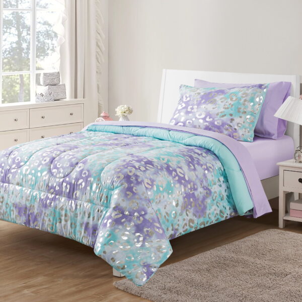 5-Piece Purple Metallic Foil Cheetah Bedding Set for Kids with Storage Bag, Twin