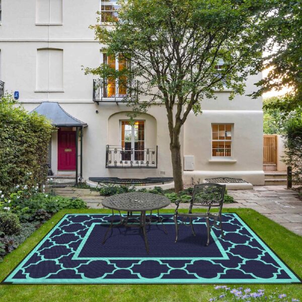 Outdoor Rugs Waterproof Plastic Straw Mat 6'x9' Reversible Patio Deck Beach Blue & White