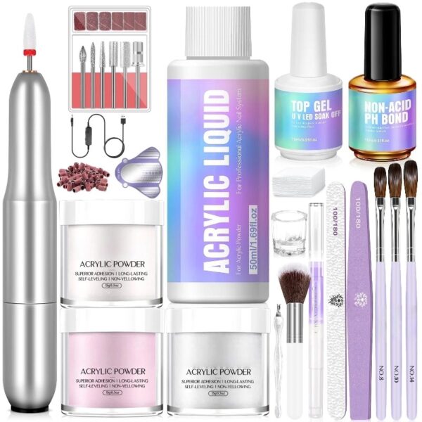 Acrylic Nail Kit Complete Set with Drill - White/Pink/Clear Acrylic Powder and Acrylic Liquid Set with Acrylic Nail Brush, Electric Nail Drill, Acid-Free Primer and Top Coat with Everything