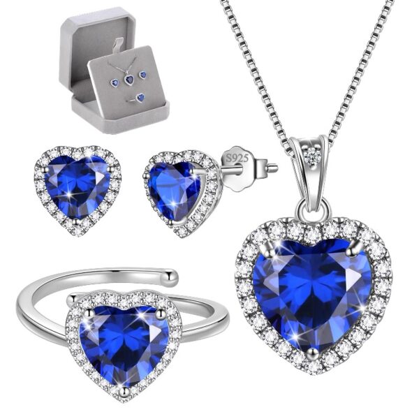 Women Heart Jewelry Set Necklace Earrings Ring 925 Sterling Silver February Birthstone Amethyst Wife Mother Birthday Valentine's Day Gift
